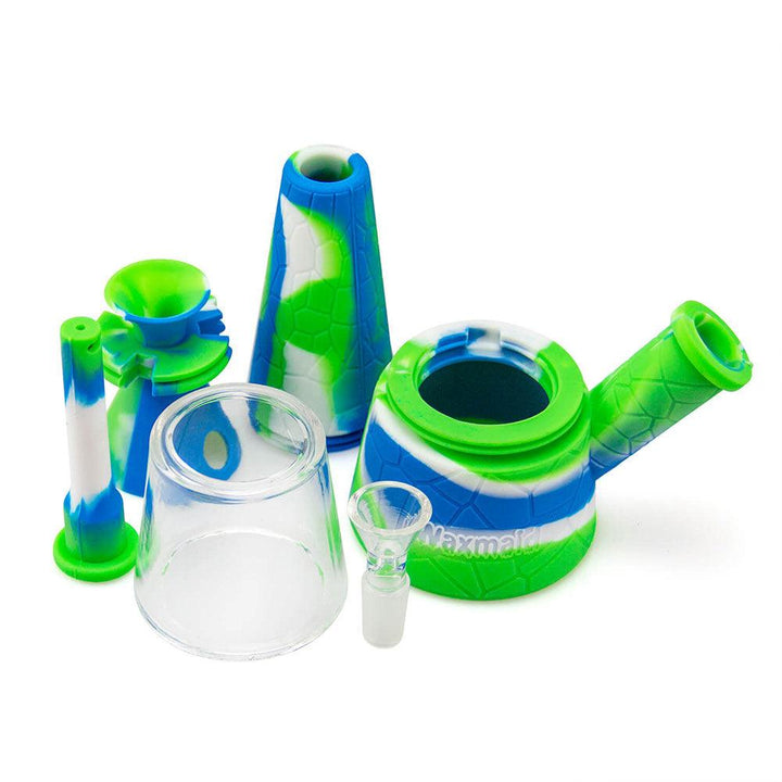Blue green white Fountain Silicone and Glass Bong with all parts displayed