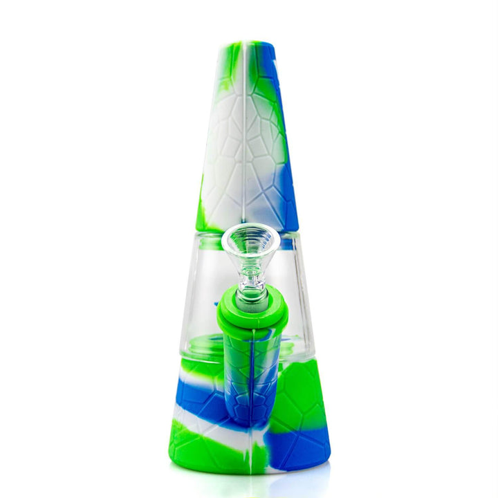 Blue green white Fountain Silicone and Glass Bong front view