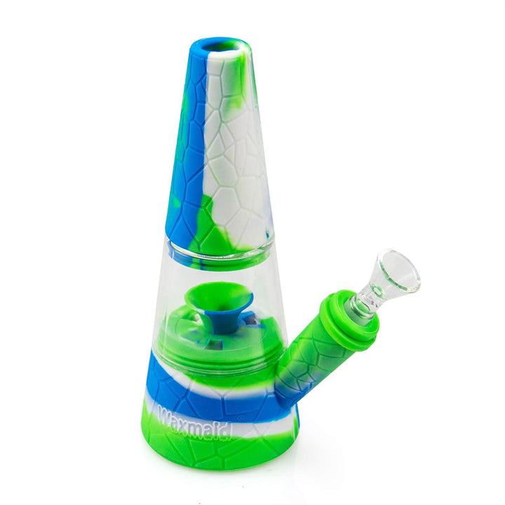 Blue green white Fountain Silicone and Glass Bong side view
