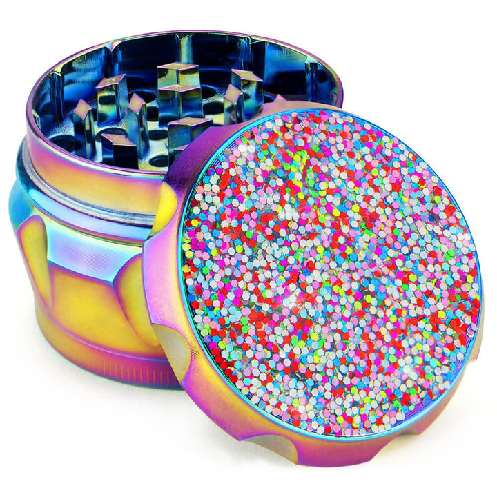 Girly Weed Grinder with glitter lid and iridescent metallic body - PILOTDIARY