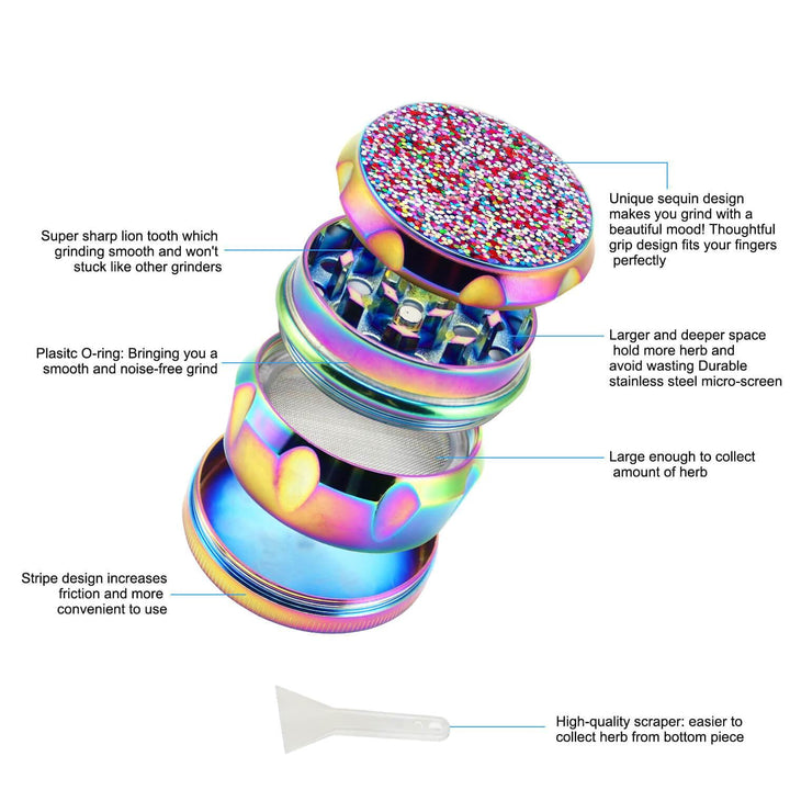 Labeled parts of Girly Weed Grinder including glitter lid, grinding chamber, pollen screen, and kief catcher