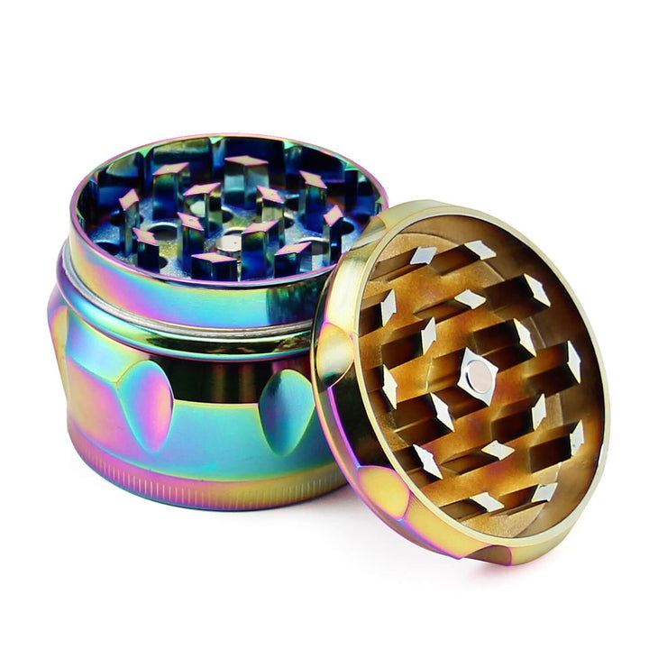 Two-part view of Girly Weed Grinder showing glitter lid and sharp internal teeth