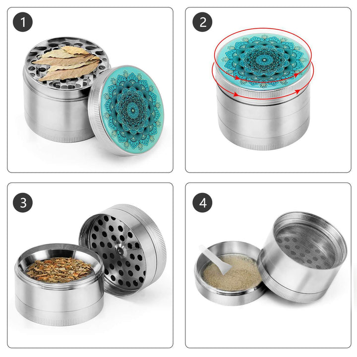 Step-by-step usage of Mandala herb grinder including loading, grinding, and collecting herbs