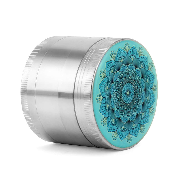 Side profile of silver Mandala herb grinder showing thickness and layer design