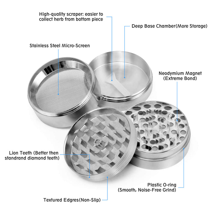 Mandala grinder silver edition fully disassembled showing lid, teeth, mesh screen, and kief chamber