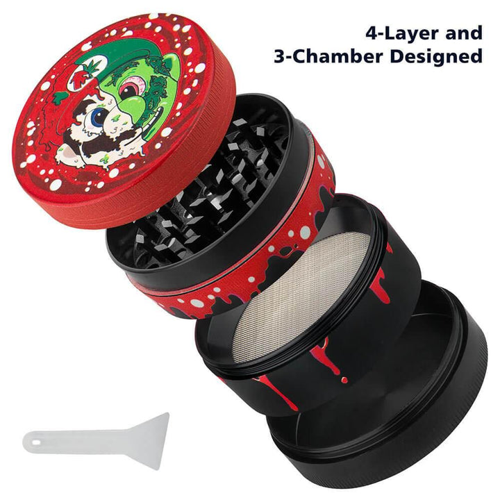 4-piece Mario herb grinder showing 3-chamber construction