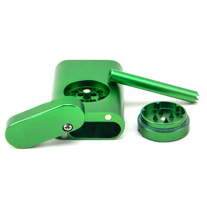 Flat lay of Dugout with Mini Grinder and accessories displayed