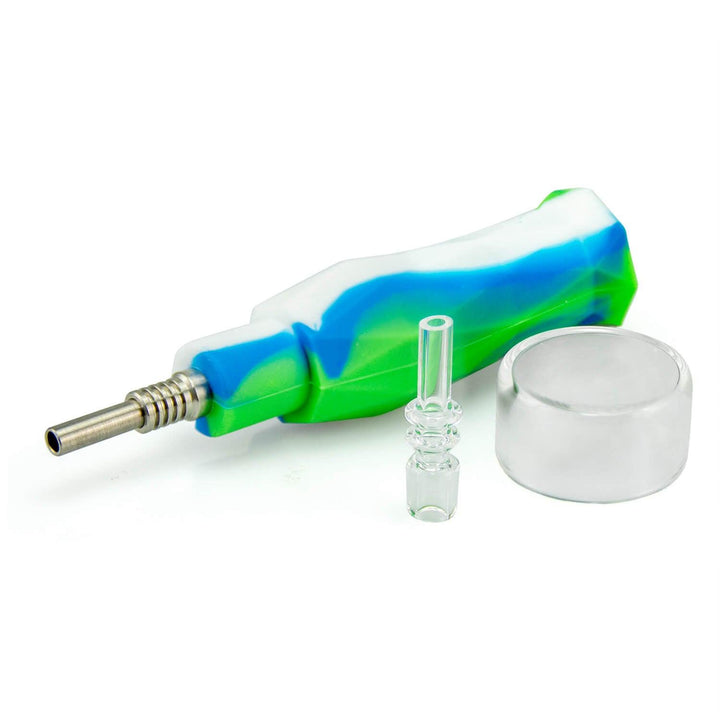 Mini Nectar Collector Kit 3-piece set with silicone holder, titanium nail, and quartz dab bowl for complete dabbing experience
