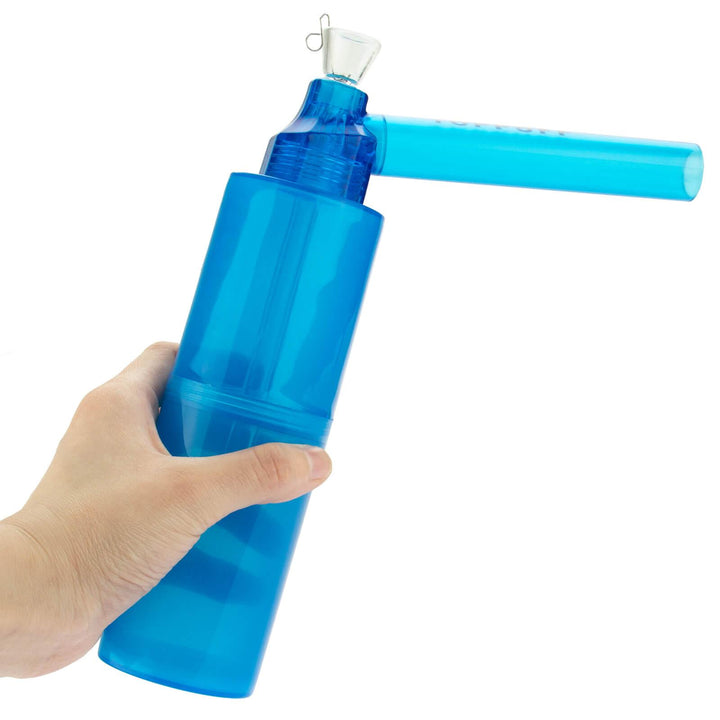 Blue Portable Toppuff Water Bottle Pipe Kit held in hand for size reference
