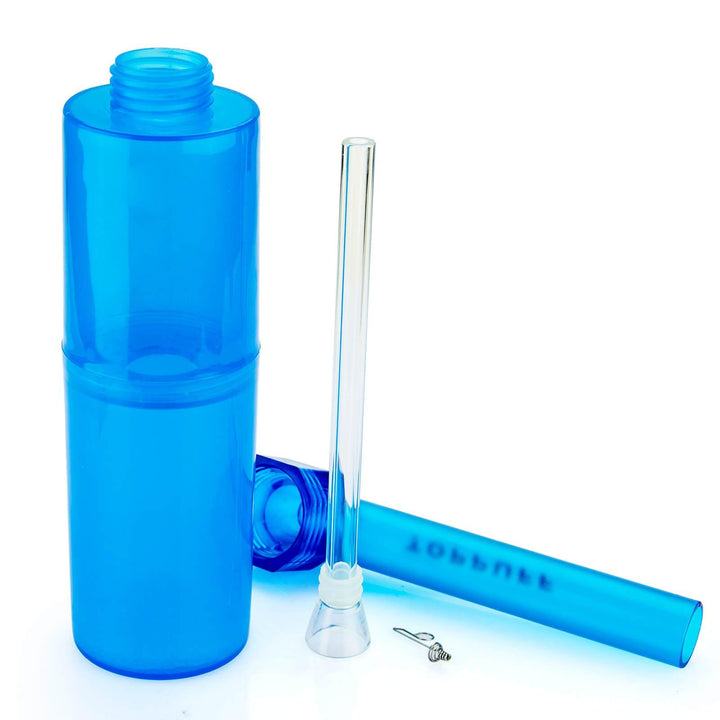 Blue Portable Toppuff Water Bottle Pipe Kit, all parts displayed