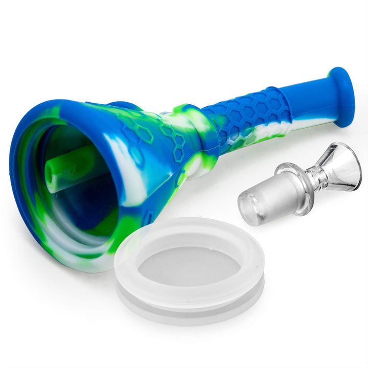 Silicone Beaker Bong with all included parts: 6.4 inch bong, 18mm to 14mm adapter, 14mm glass bowl