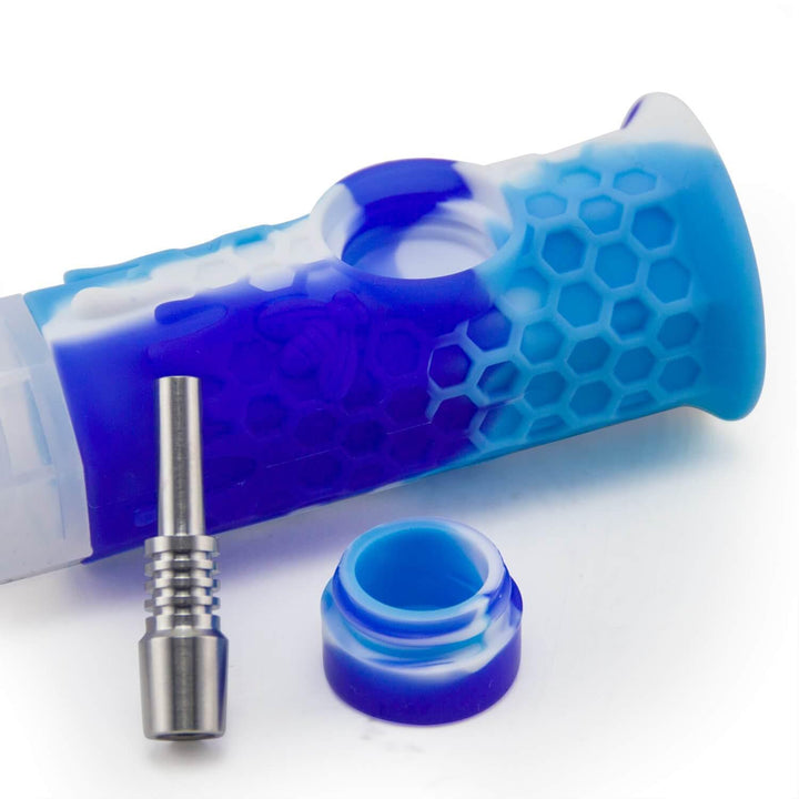 3-piece Silicone Honeycomb Honey Straw set with titanium tip and embedded jar, 7 inch unbreakable dab tool for concentrates